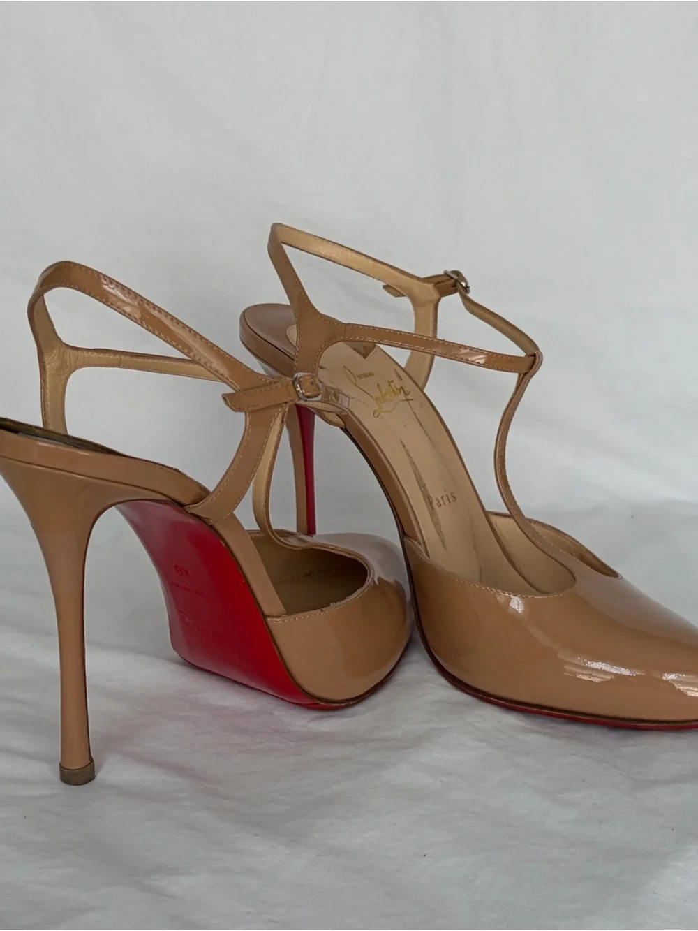 Christian Louboutin Nude Patent Leather T-Strap Slingback Pumps with Red Soles